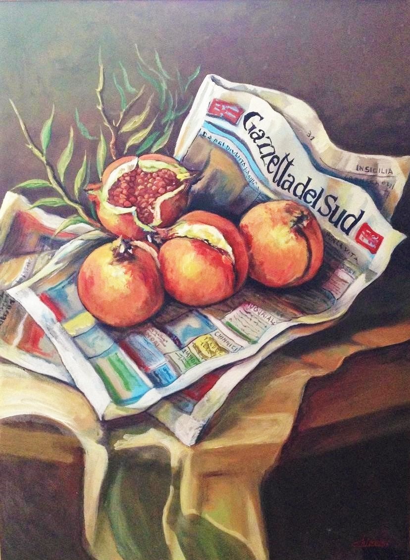 Pomegranates in the newspaper